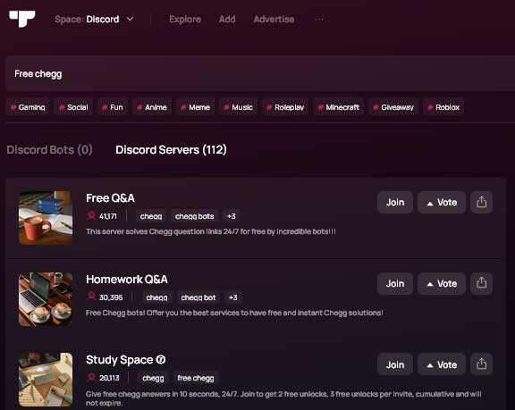 chegg answers discord servers